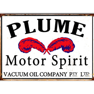 Tin Sign - Plume Vacuum Oil with Feathers