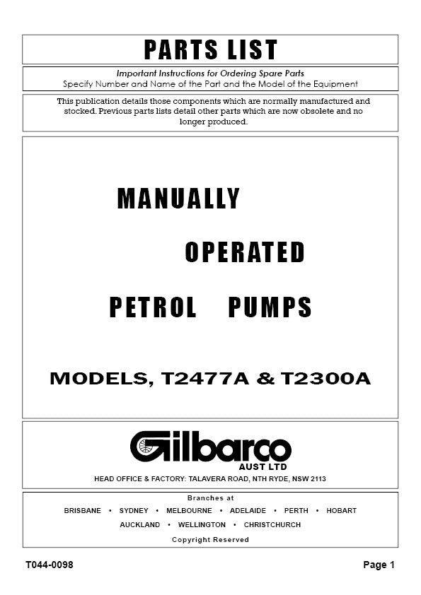 Gilbarco T2177A & T2300A Parts List